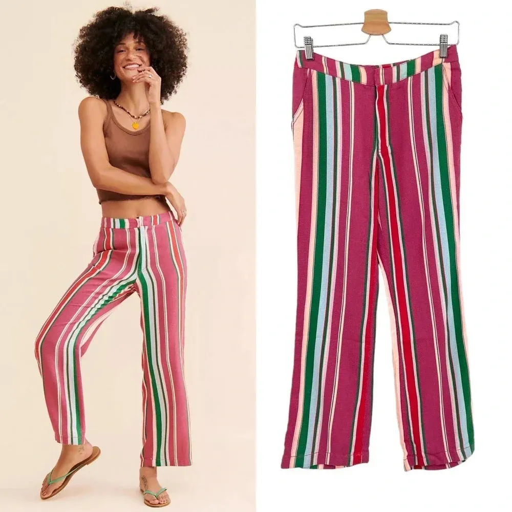 Free People‎ La Paz Stripe Cotton Blend Ankle Pants Berry Combo Size 0 - Image 2