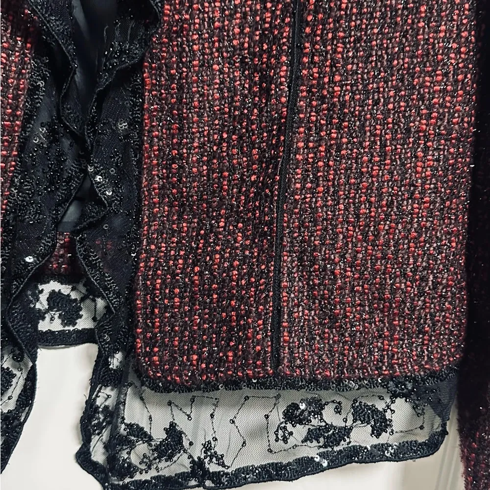 Chico's  Tweed Gloriana Jacket Red Black Chiffon 1 Embellished - Image 3