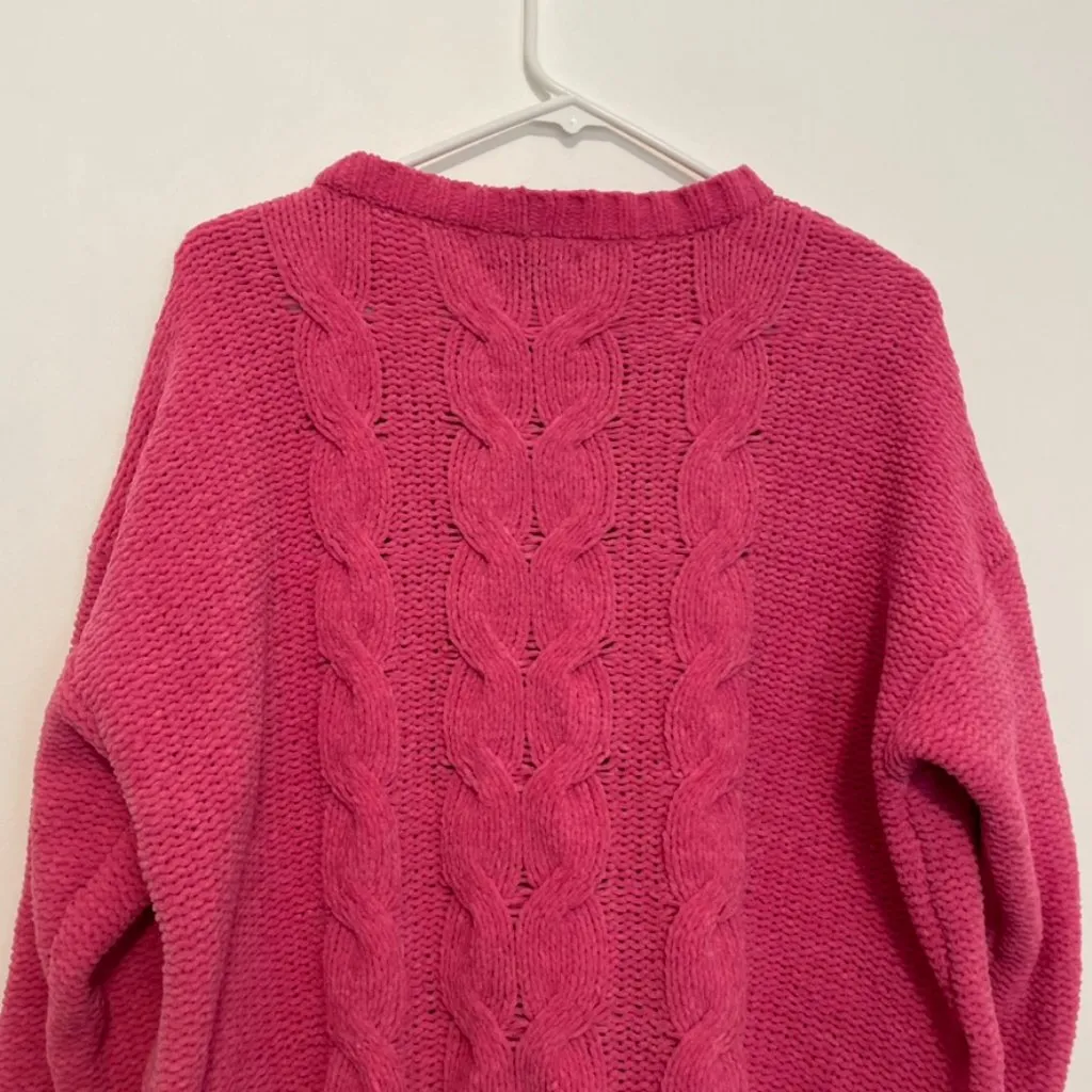 AMERICAN EAGLE AEO AE Chenille Cable Knit Sweater Bright Pink Barbie Oversized L - Image 13