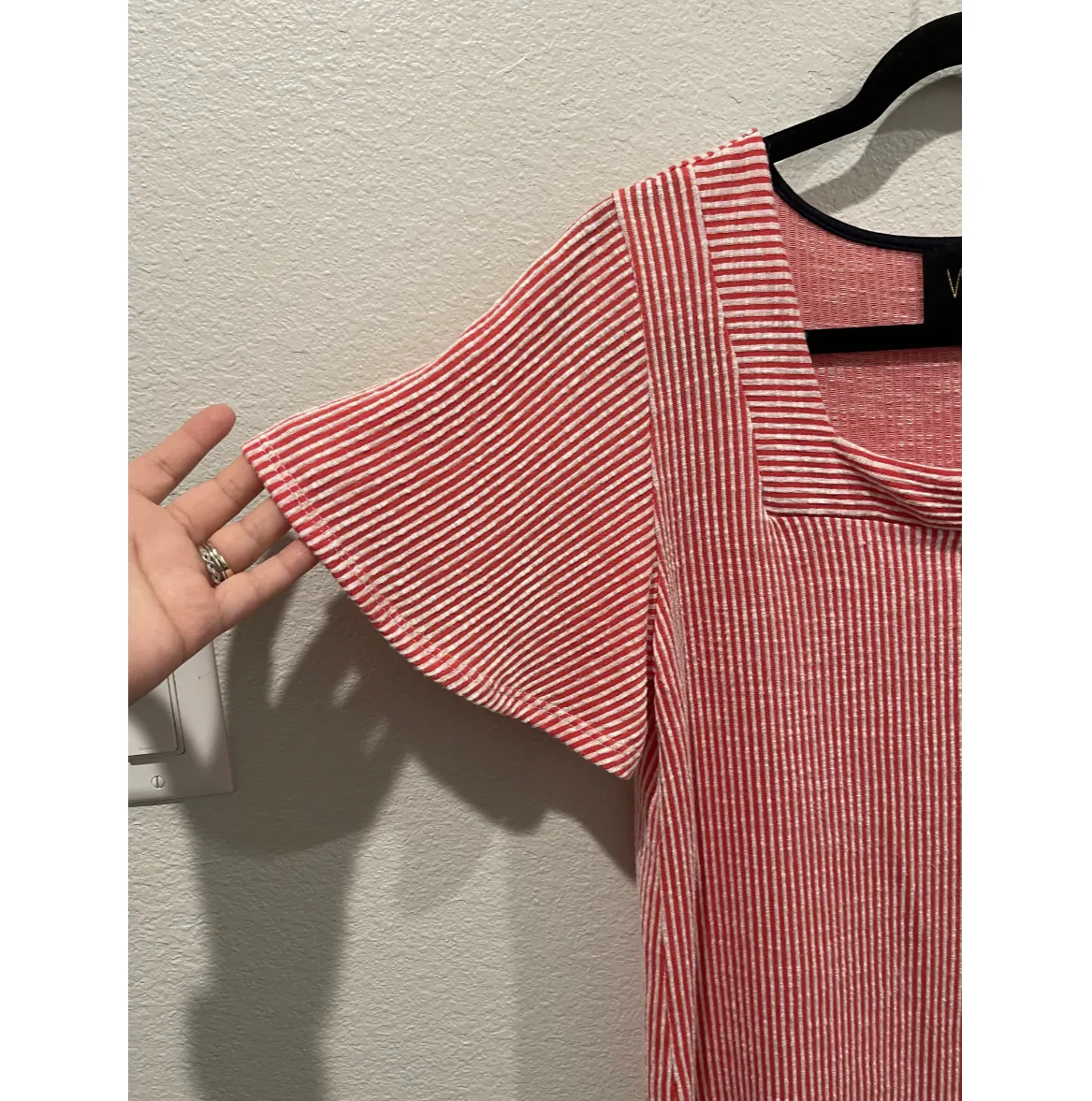 Anthropologie W5 Red White Stripe Short Flutter Square Neck Blouse - Image 3