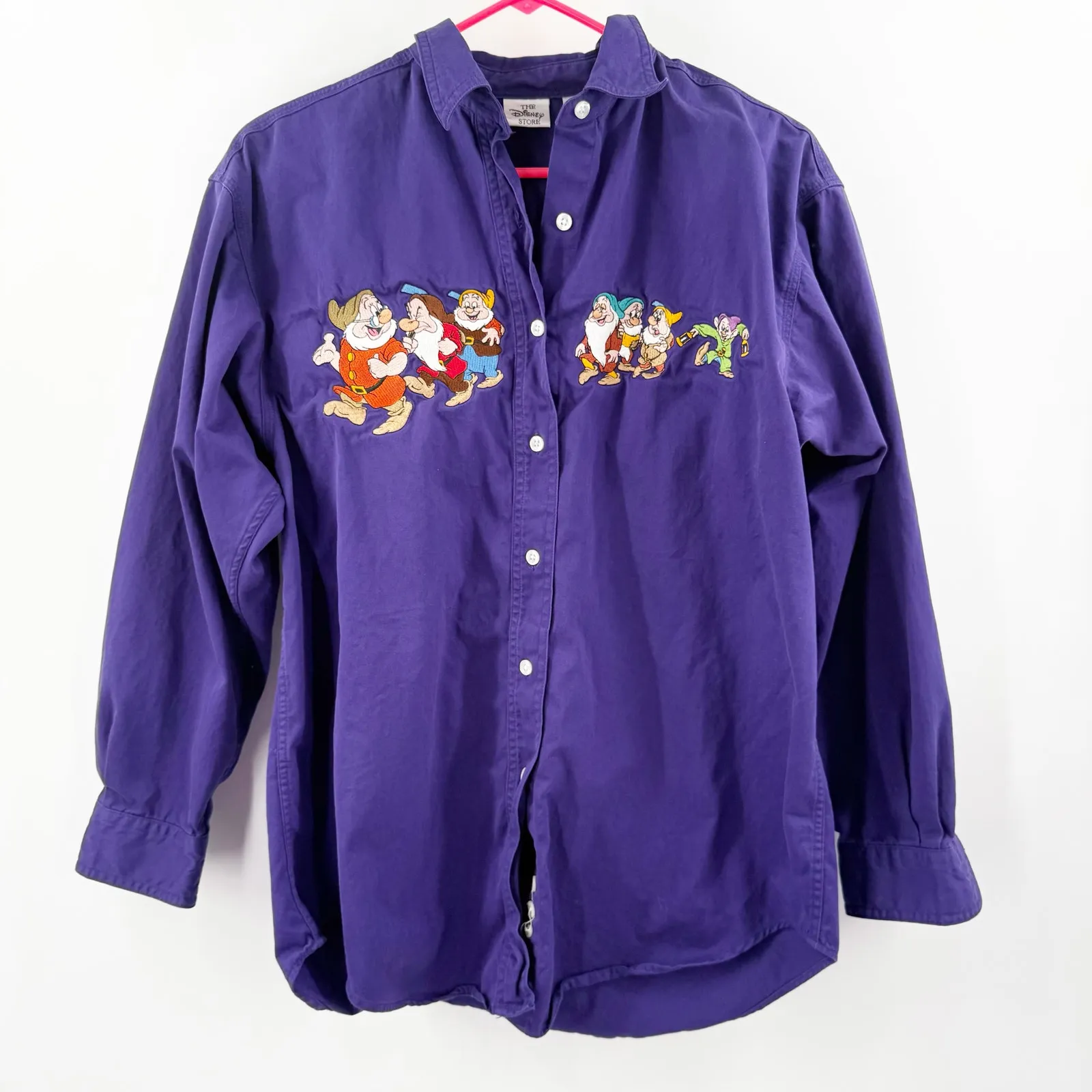 Vintage 90s Disney Store Shirt Medium Button Embroidered Seven Dwarfs Snow White Purple - Image 1