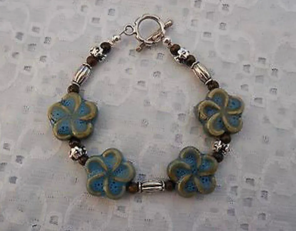 NEW!  Earthy Beaded Toggle Bracelet W Ceramic Flower Beads. 7.25” - Image 3