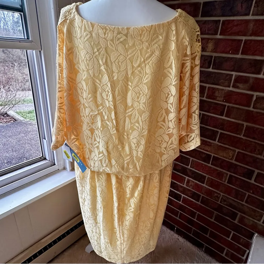 London Times Yellow Lace Crochet Midi Dress Easter Spring Gathered Waist Fairy - Image 9