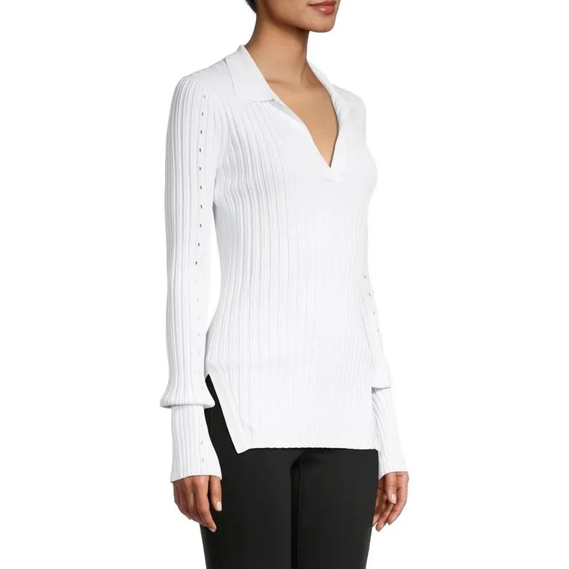 HELMUT LANG Slash Polo Ribbed White Blouse Sz M - Image 5