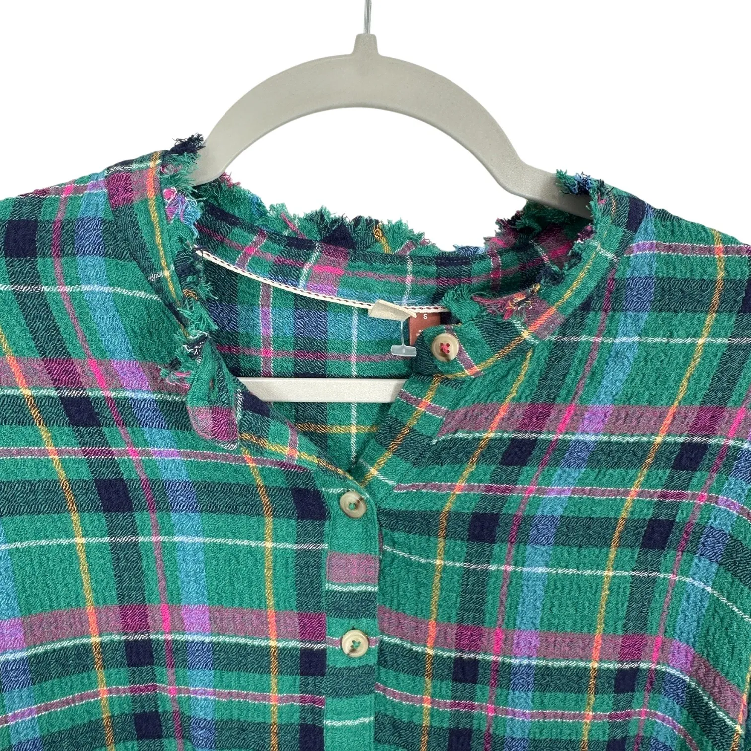 PILCRO by Anthropologie Plaid Popover Shirt Green Pink Blue Yellow Fringe Collar - Image 2