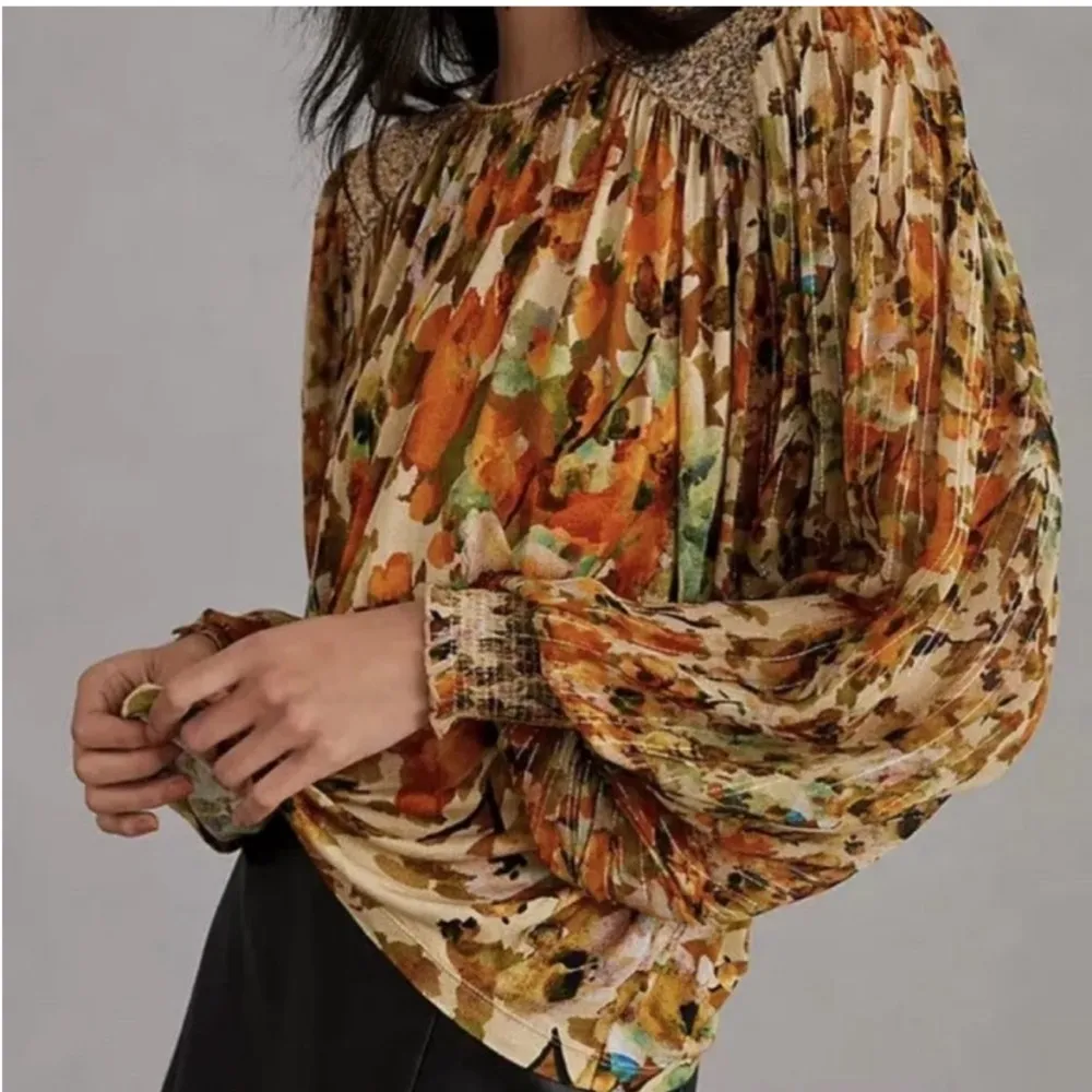 Anthropologie‎ Blank London Sequin Sheer Metallic Puff Sleeve Floral Blouse XS - Image 2