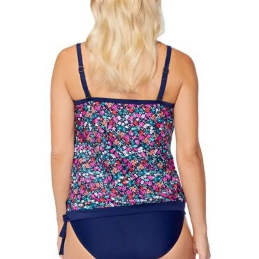 Island Escape Coral Gables Convertible Tankini Top Shelf Bra Floral Navy Blue 12 Red - Image 2
