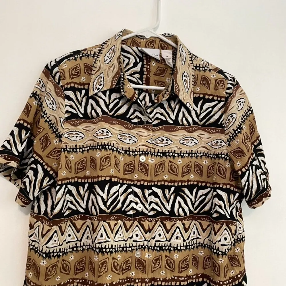 ALFRED DUNNER Tan Brown White Geometric Striped Tribal Animal Button Down PETITE - Image 3