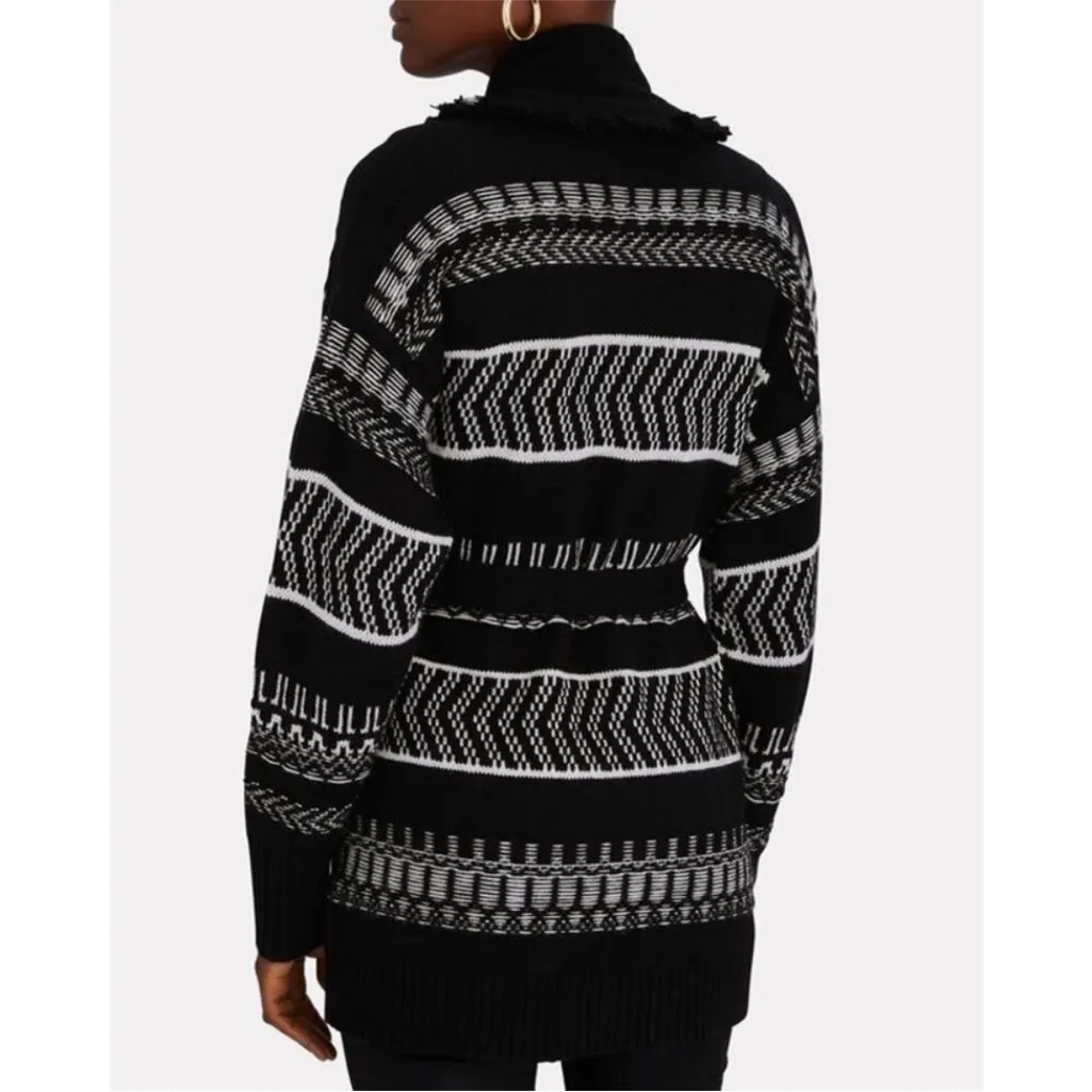INTERMIX Fringed Wool Cashmere Black White Belted Knit Blanket Cardigan Small - Image 2