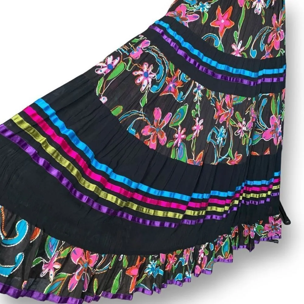 Vintage 90s Maxi Skirt Black Multicolor Floral Print Ribbon Detail Tiered Medium - Image 5