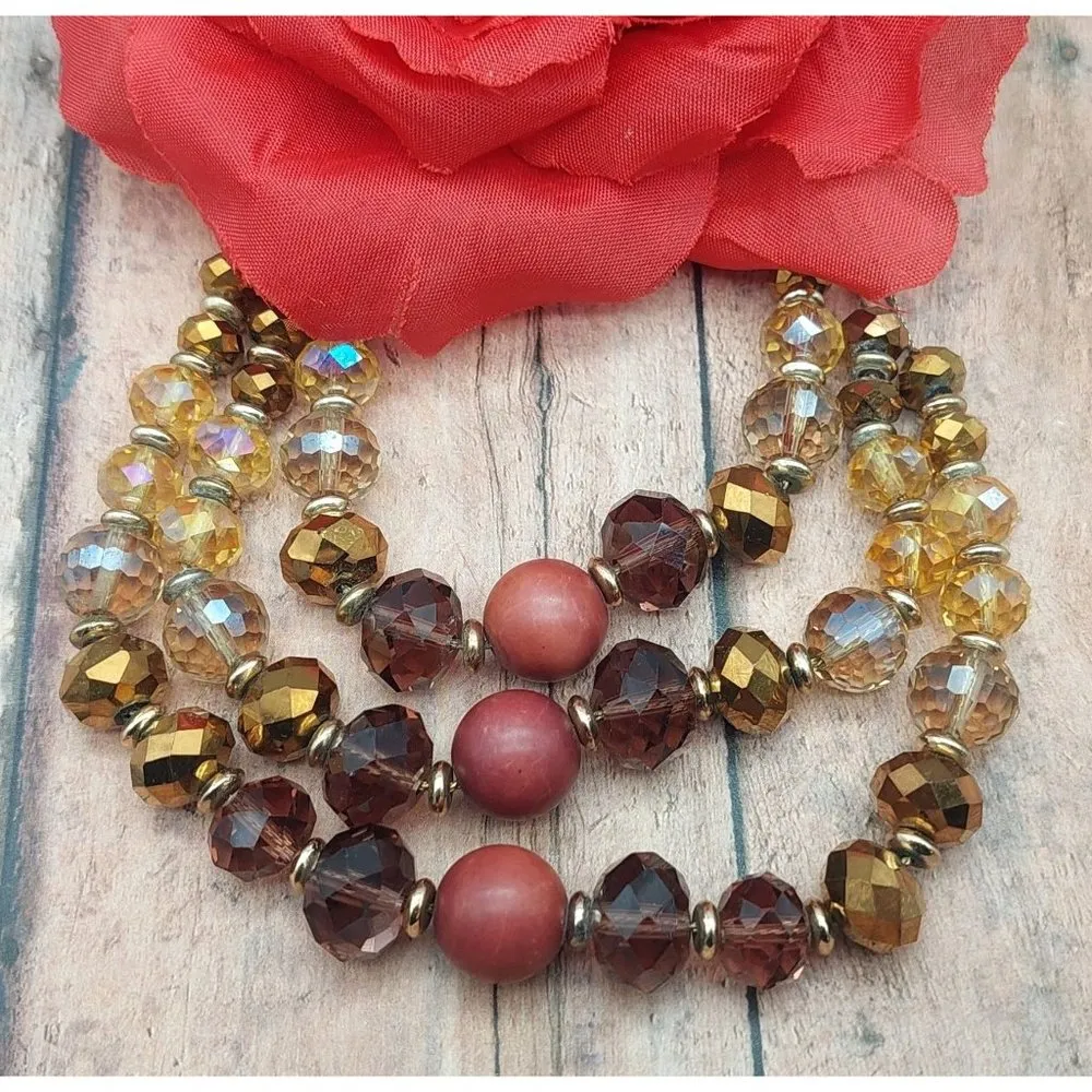 The Limited Gold Tone Faceted Brown Amber Glass Bead Multi 3 Strand Necklace 20" - Image 2