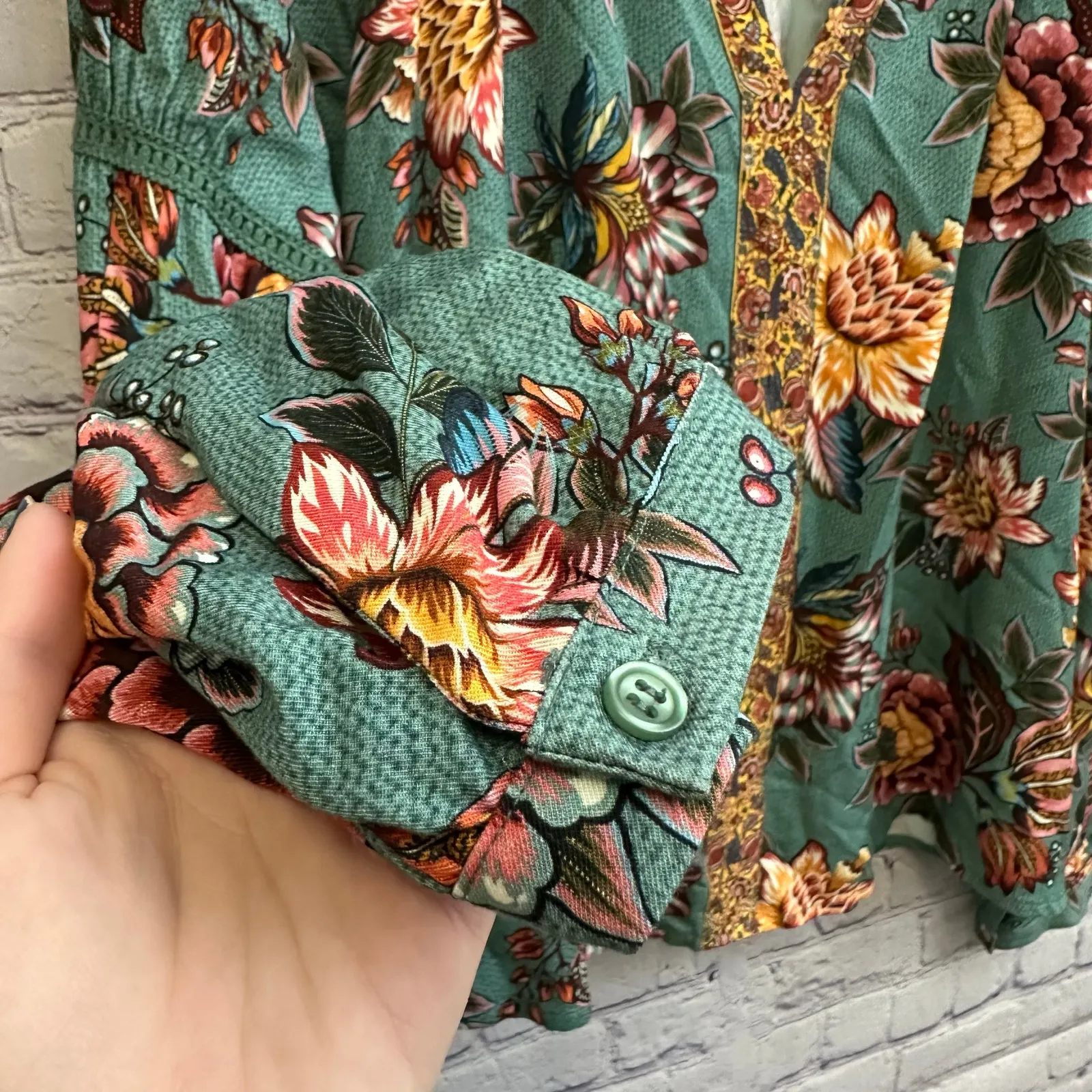 Farm Rio Anthropologie Paola Floral Peasant Blouse Crochet Sleeve Detail Small Blue - Image 8