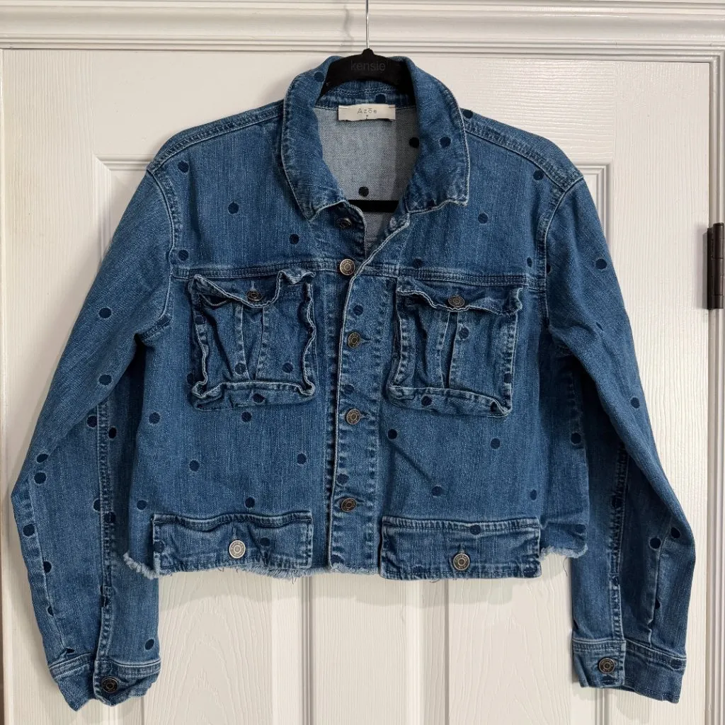 AZOE Polka Dot Denim Jean jacket Cropped Size Medium Blue - Image 2
