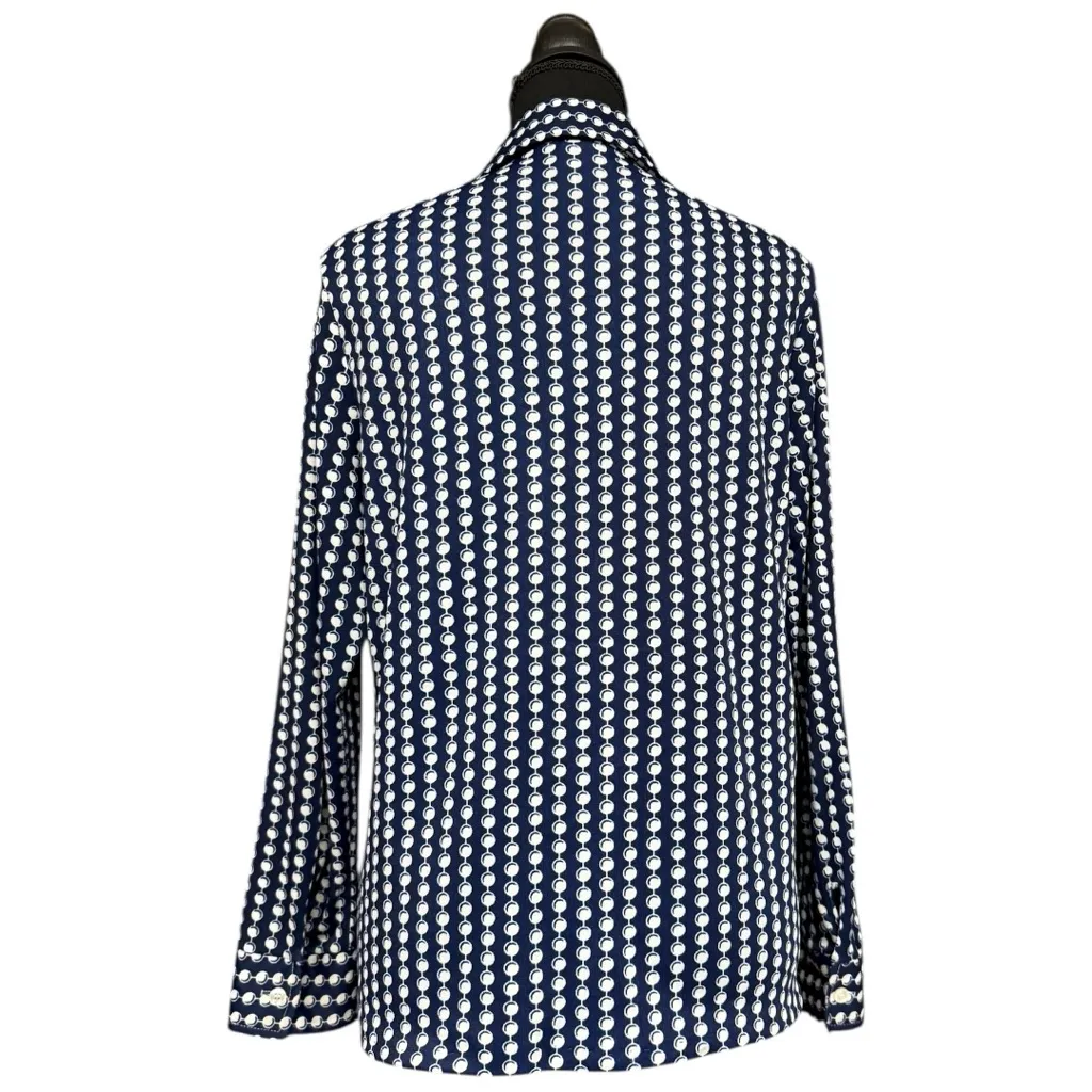 Vintage 1970s Navy & White Disco Dagger Collar Blouse Circles Print Button Front Blue Size L - Image 4