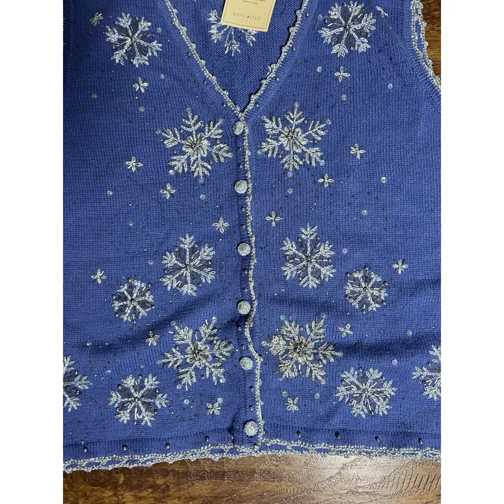 Vintage Plus Size Blue Snowflake Vest 22/24W Sequins Beads Winter Holiday NEW - Image 3