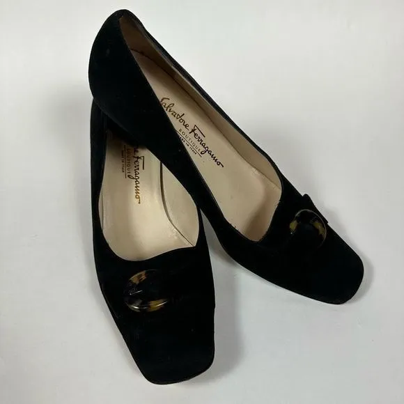 Salvatore Ferragamo 80s Pumps Heels Black Suede Tortoise Buckle Accent 7 1/2 B - Image 2