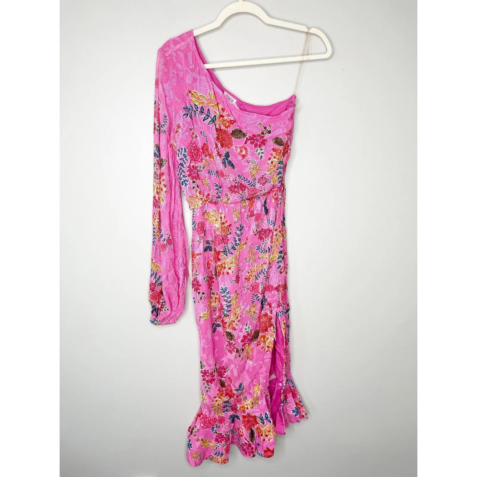 Hemant and Nandita Womens One Shoulder Midi Dress Ruffled Hem Floral Pink Size S - Image 7