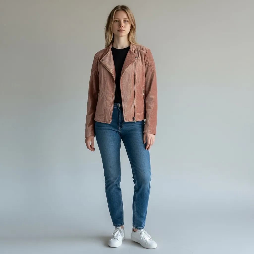 Westport 1962 Womens L‎ Pink Velvet Moto Jacket Full Zip Quilted Shoulder - Image 2