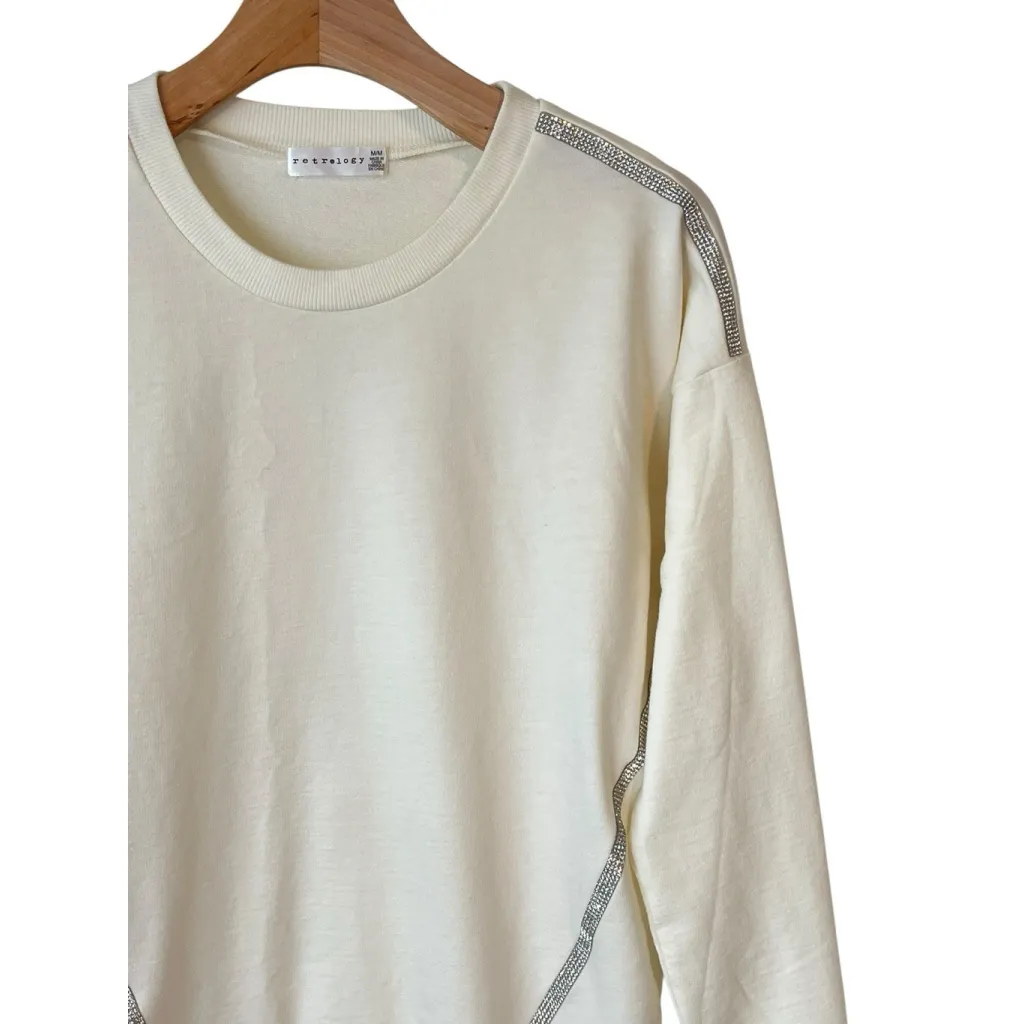 Retrology Sweater Womens M Cream Off White Pullover Sparkle Sequin Crew Neck Silver Size M - Image 3