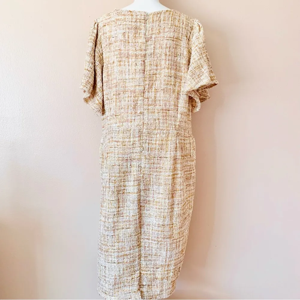 DM Fashion Beige, Pink & Gold Tweed Sequins Flutter Sleeve Dress. Size 1X - Image 5