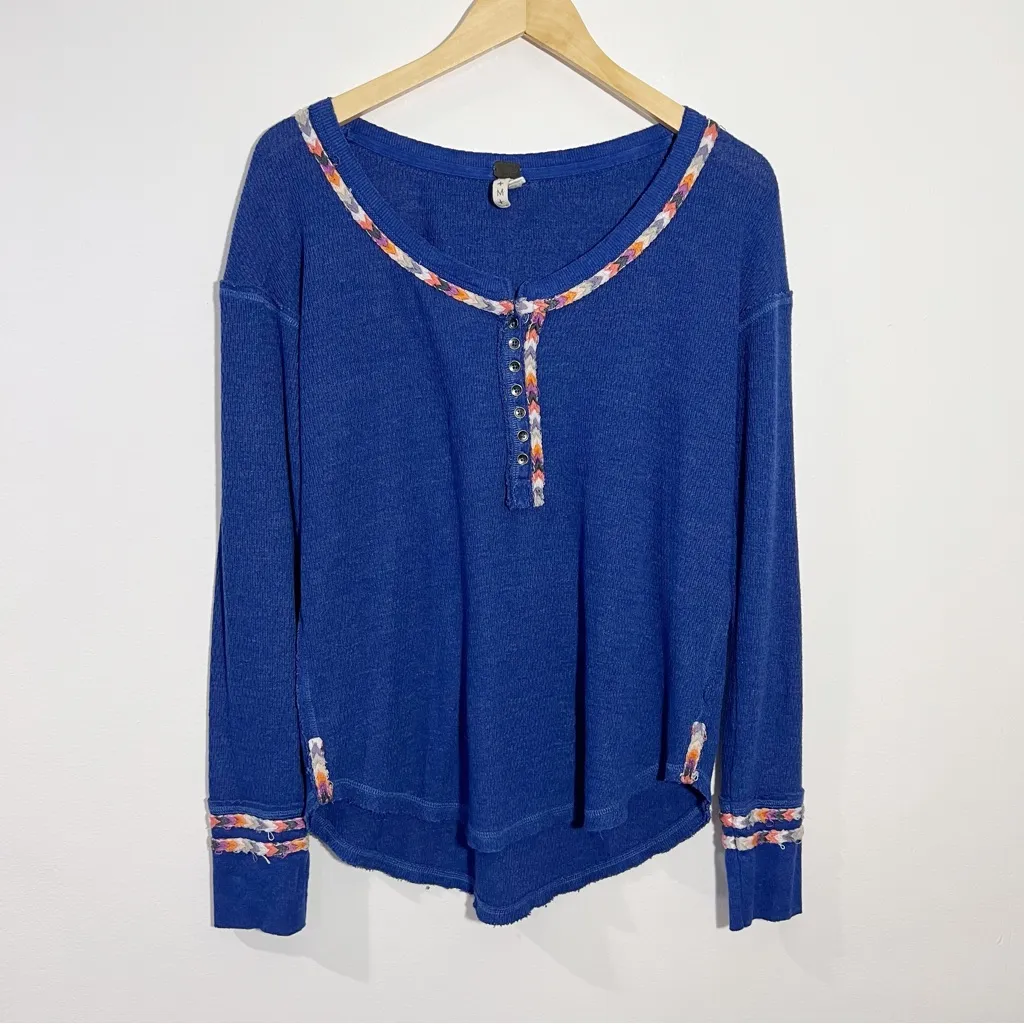 Free People We the Free Royal Blue Rainbow Embroidered Thermal Top Size Medium‎ - Image 2
