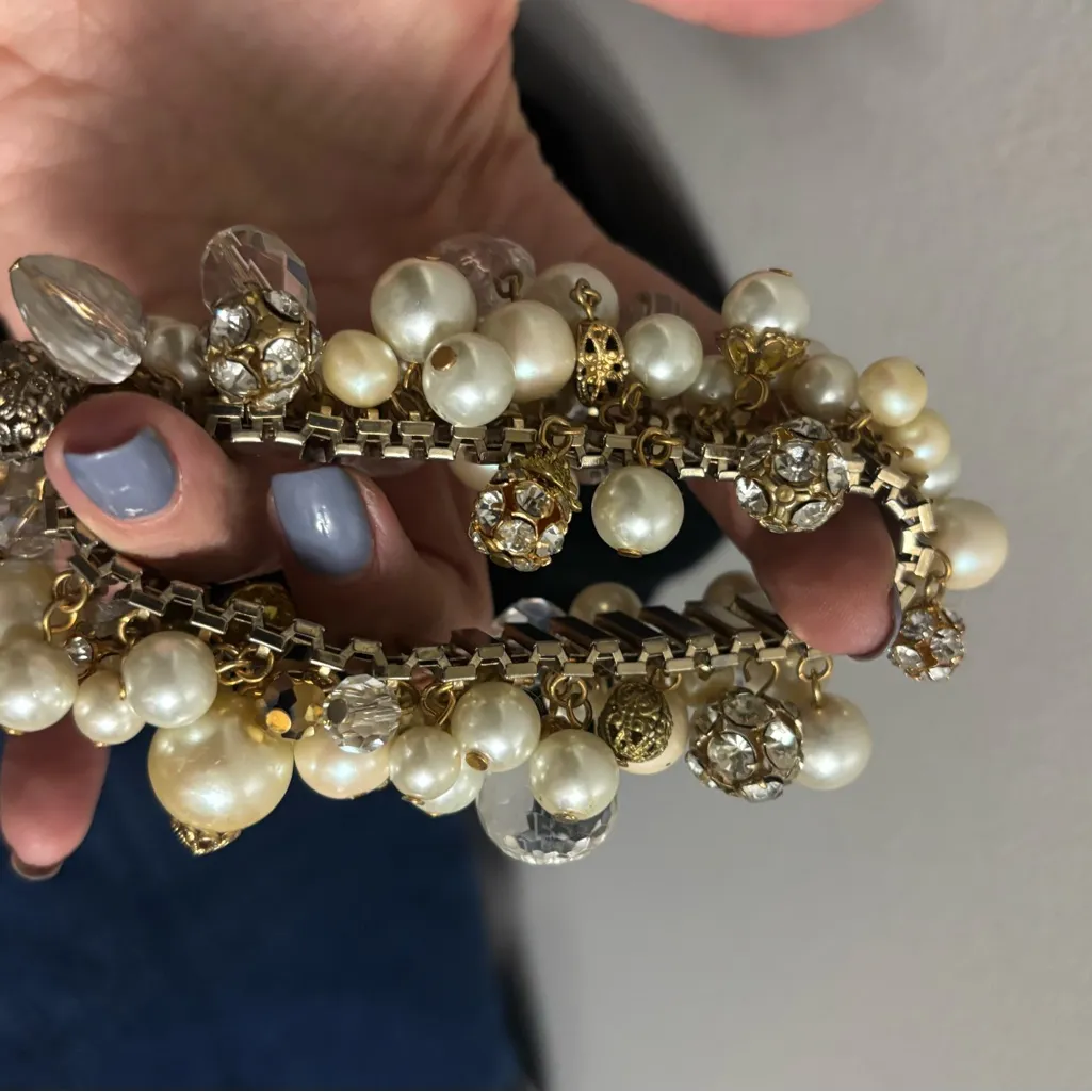 VTG Expansion CHA CHA Bracelet White Faux Pearl Crystal Filigree Dangle Beads Gold - Image 8