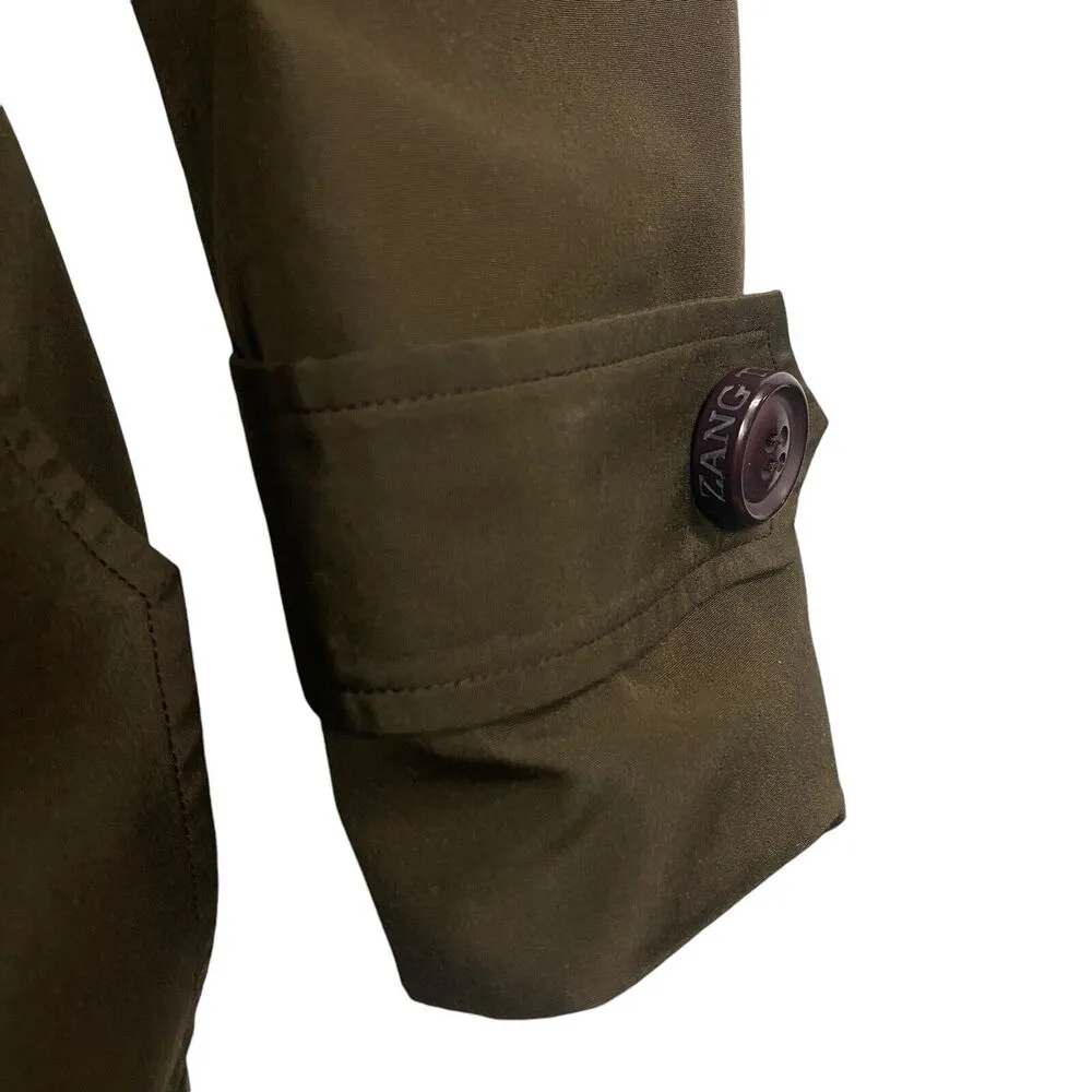 Authentic Zang Toi Olive Green Trench Coat Size 2 100% Silk Belted Pocket - Image 10