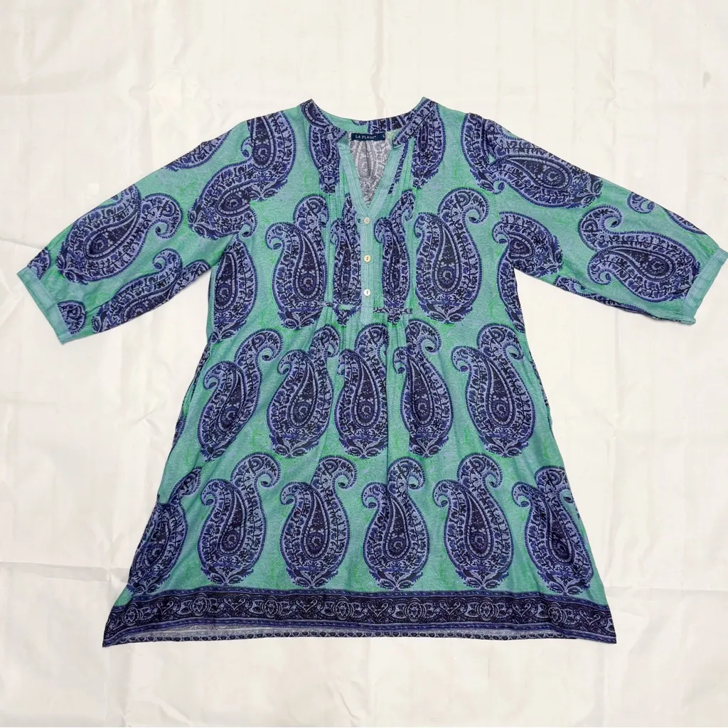 La Plage Blue Green Paisley Maybe Relaxed Fit 3/4 Sleeve Pintuck Dress Large - Image 6