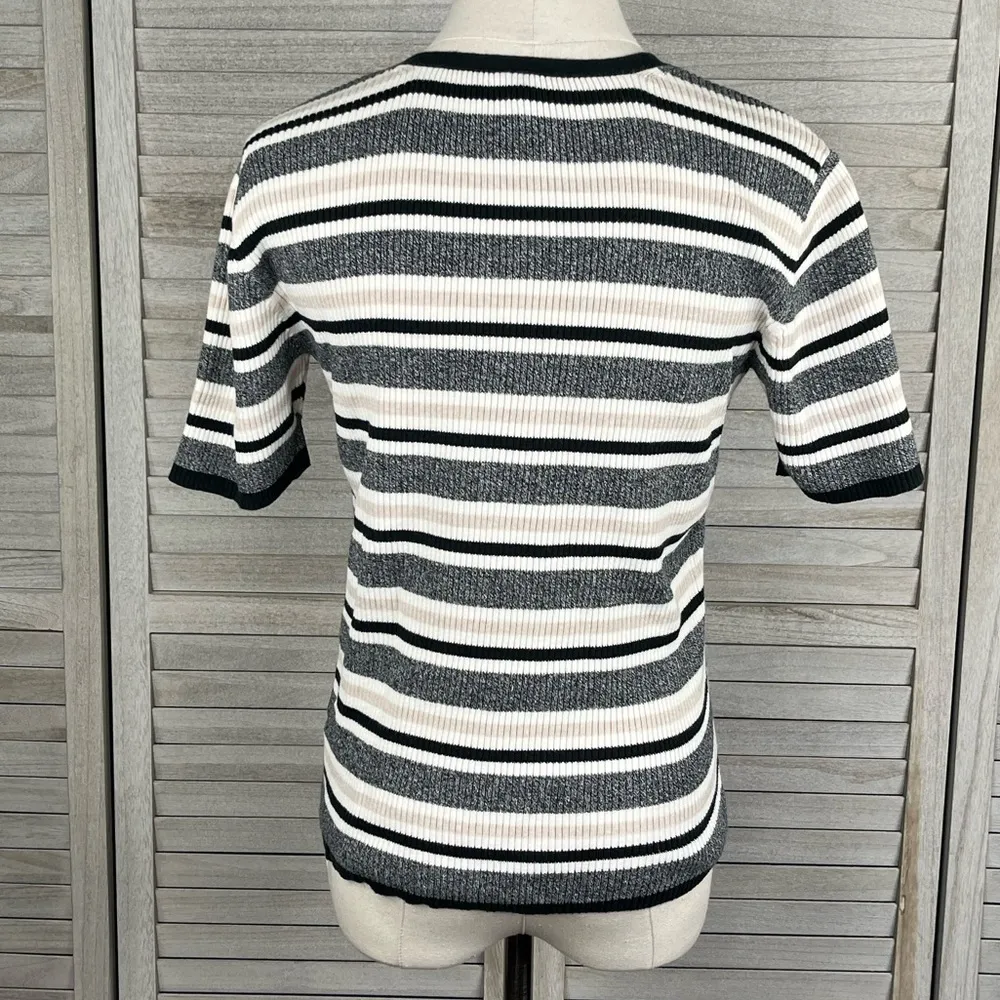 TALBOTS Sweater Stretchy Ribbed Square Neck Short Sleeve Multi Stripe-Small - Image 2