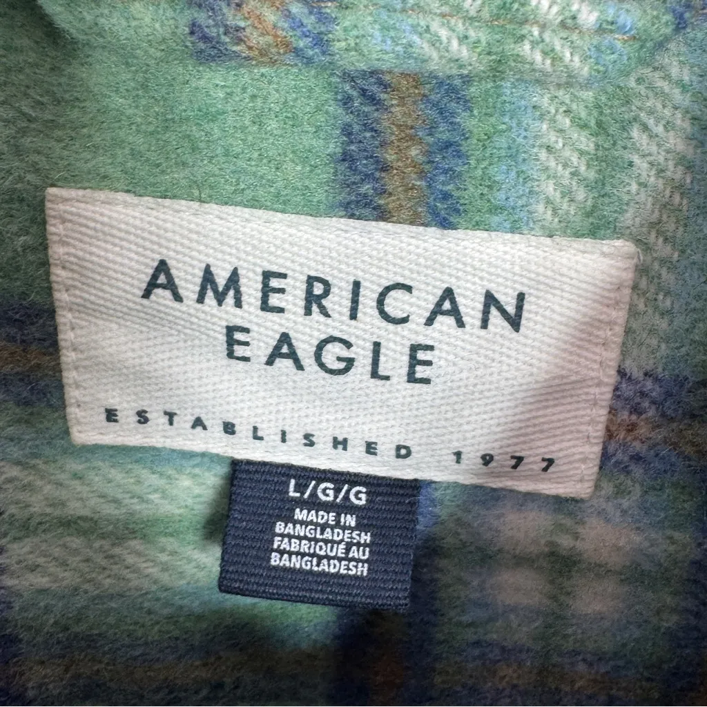 American Eagle Oversized Plaid Fleece Flannel Button Up Shacket Green Large - Image 9