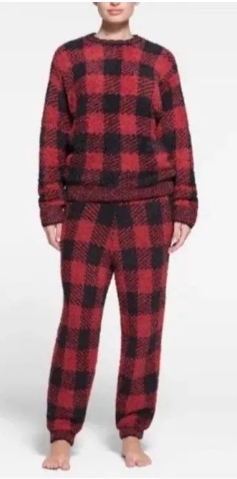 SKIMS Cozy Knit Women’s Lounge Set Brick Buffalo Check Size S/M Red Black - Image 1