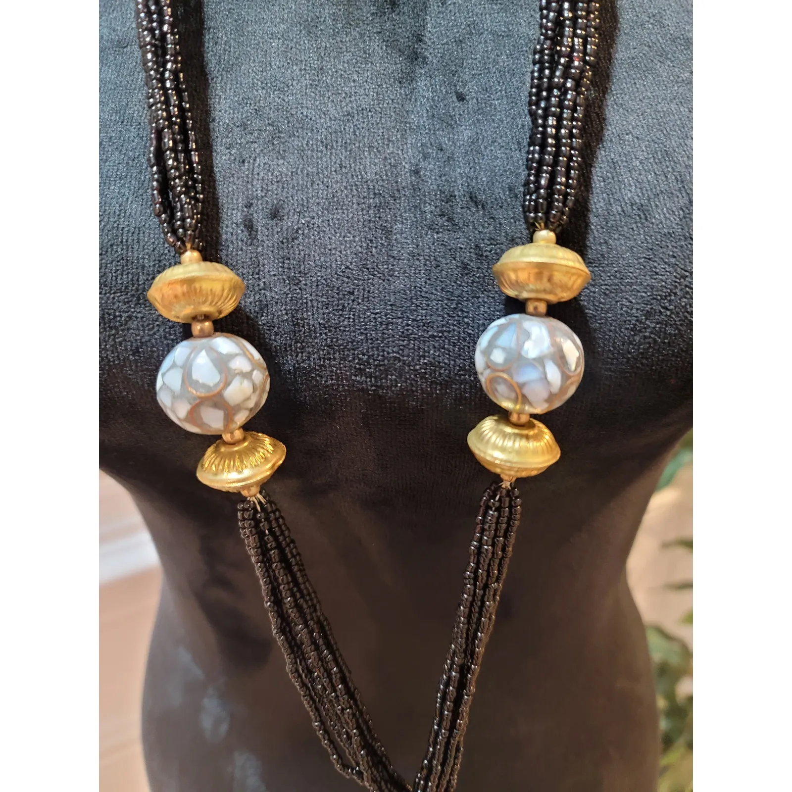 Women's Long Black Beaded Necklace With Gold Accents And Lobster Clasp Lock - Image 4