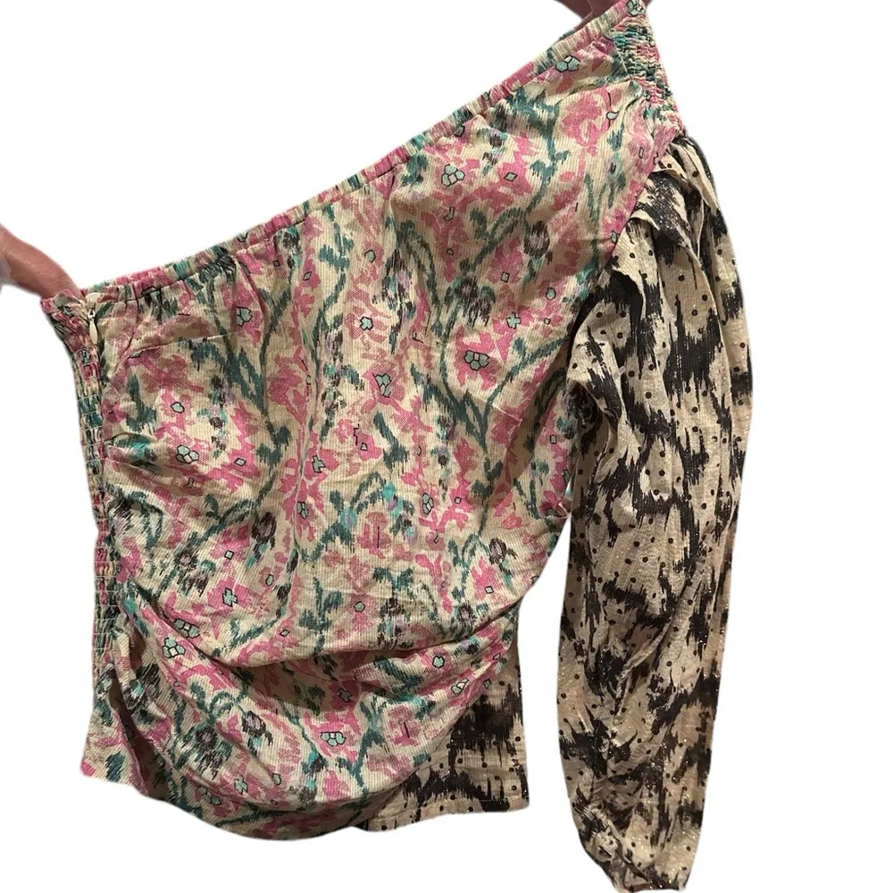 MARIA CHER VILLAFRANCA LIA ONE SHOULDER METALLIC THREAD SMOCKED COTTON TOP M Pink Size M - Image 5