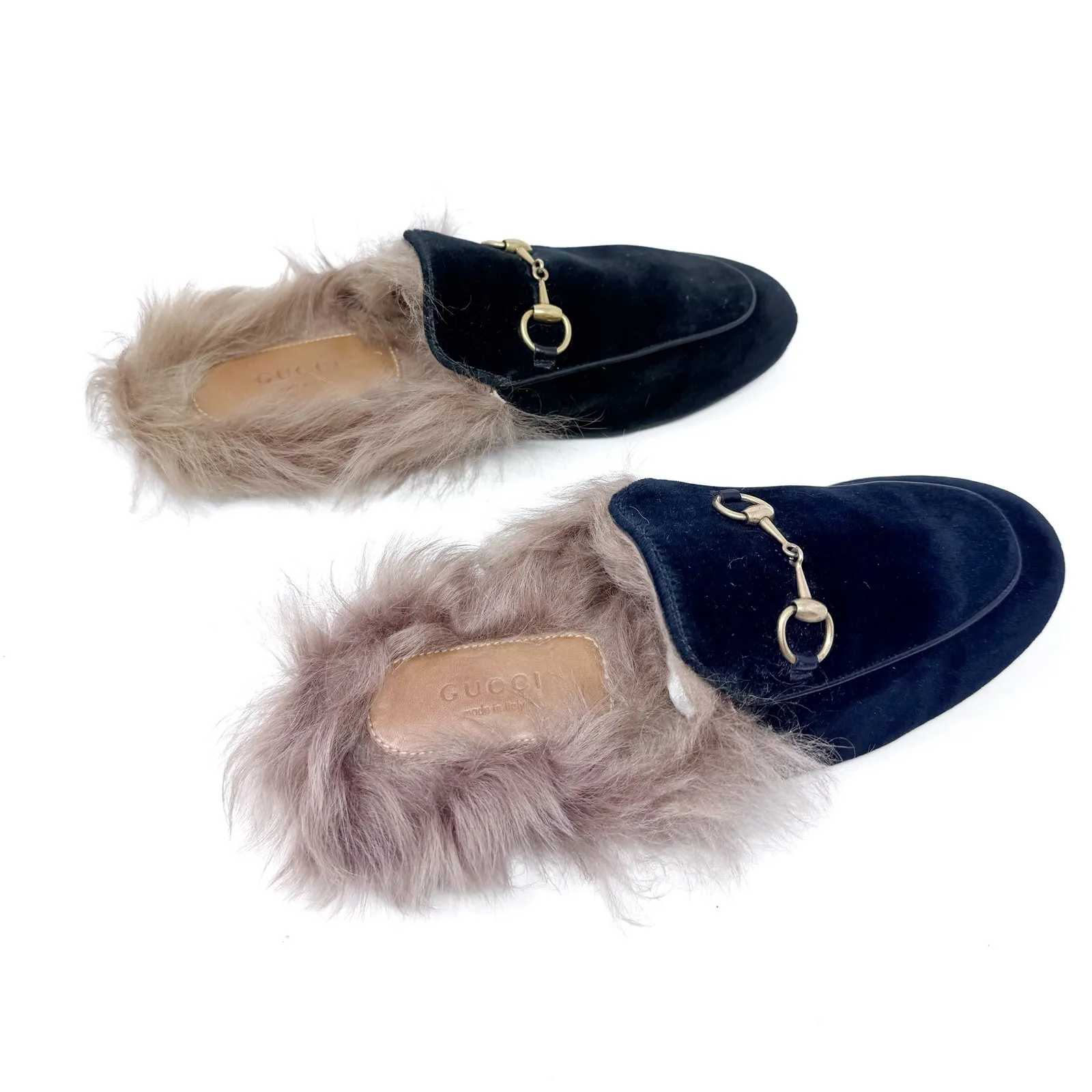GUCCI Black Velevt Fur Lined Princetown Loafers Mules Horsebit Size EU 37 US 7 - Image 6
