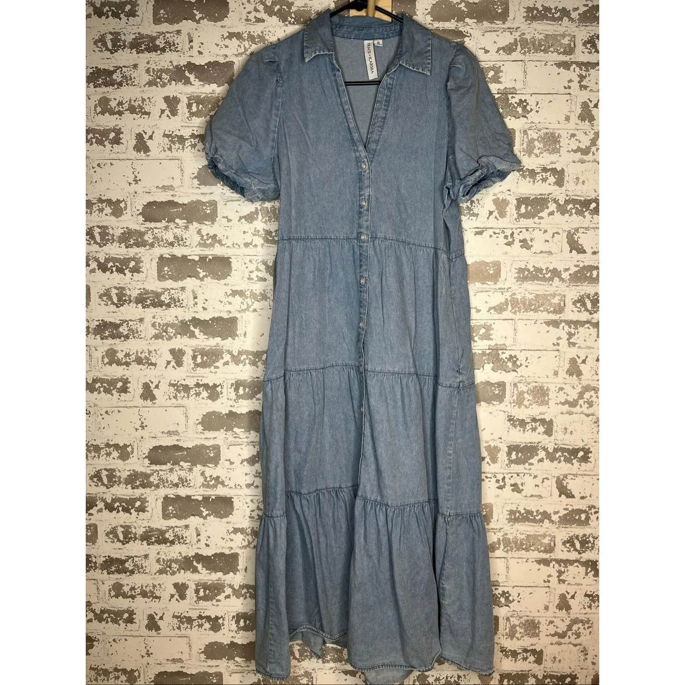 Grace + Karma | women denim button down dress puff sleeves Blue - Image 10