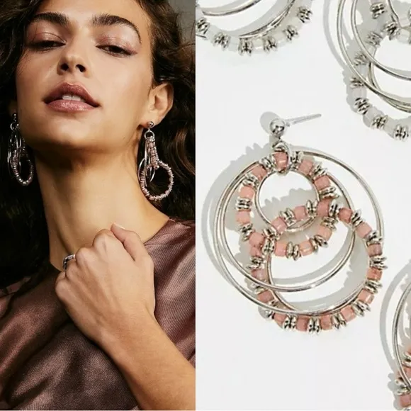 Free People Racer Moonstone Beaded Hoops in Blush Pink Silver 70s 80s Retro NWT - Image 2