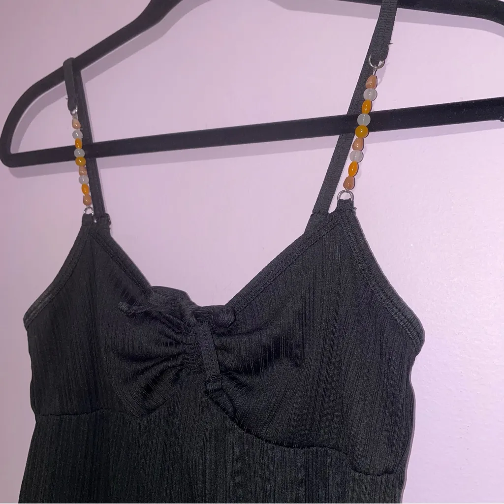 Unbranded Black Ribbed Y2K Camisole Women Juniors Size S Beaded Babydoll 90s - Image 2