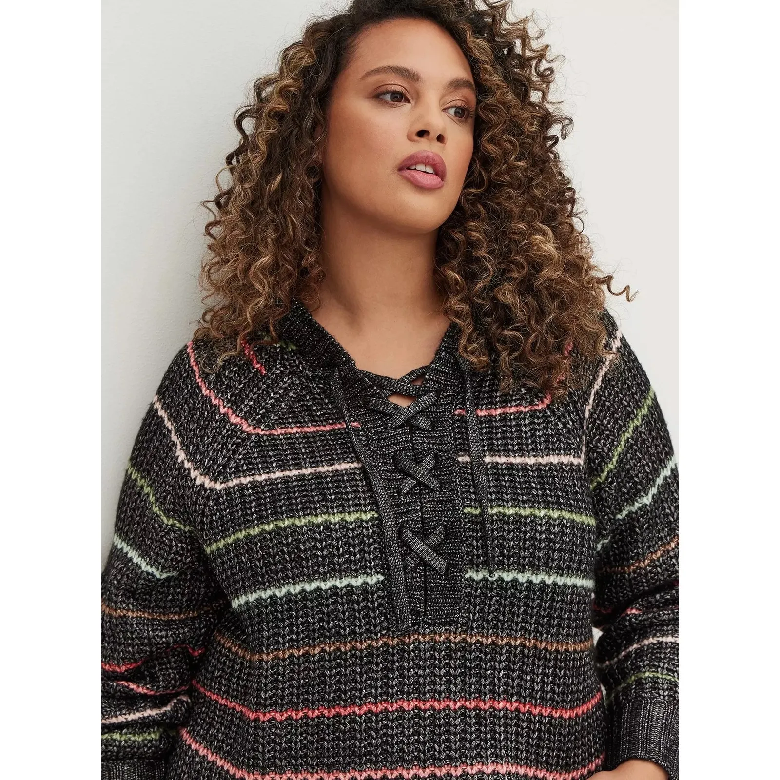 Torrid Chunky Pullover Hooded Raglan Sweater Gray‎ Rainbow Stripe 2 2X - Image 2