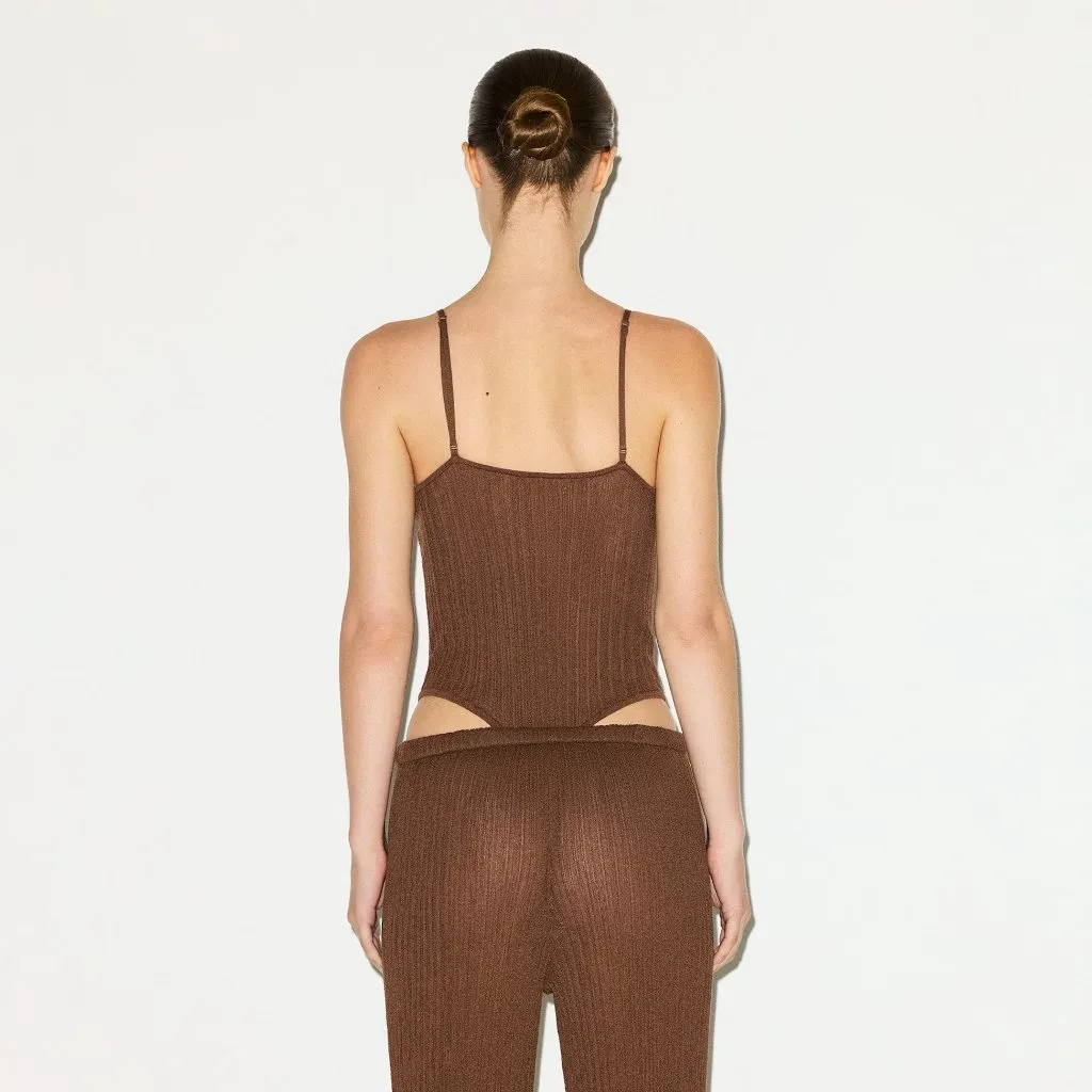 Skims Sheer Knit Cami Bodysuit in Bison, Size Small - Image 3