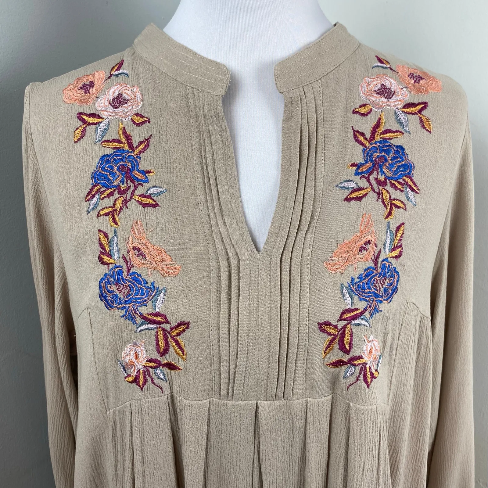 AnnaBelle Boho Floral Embroidered Long Sleeve Shift Shirt Dress Large Blue - Image 2