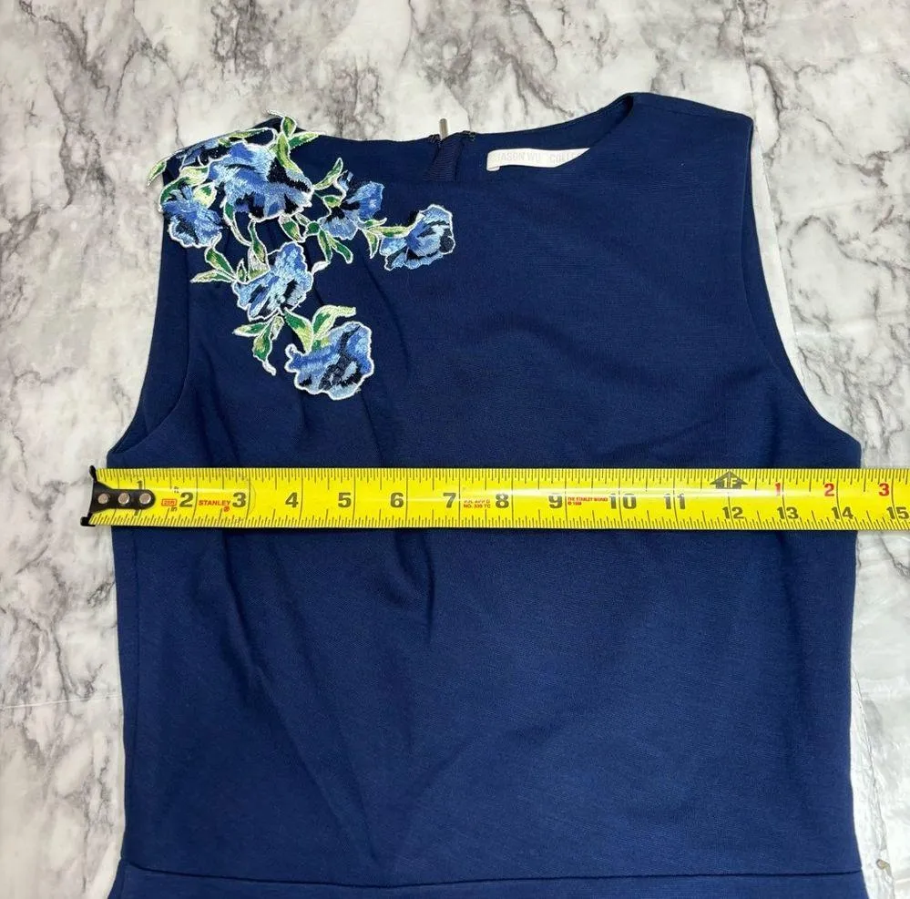 Jason Wu Collection Embroidered Floral Applique Navy Sleeveless Sheath Dress 2 - Image 6