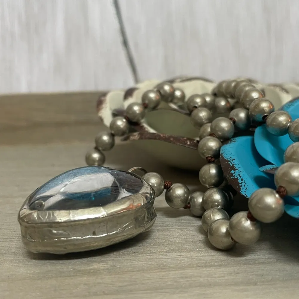 Blue Glittery Glass Heart Necklace on 20” Faux Navajo Silver Pearls - Image 4