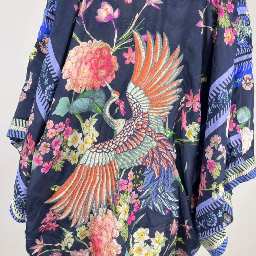 $455 NWOT Johnny Was Silk Leia Boho Floral Embroidered Tassel Tie Kimono, Multi - Image 10
