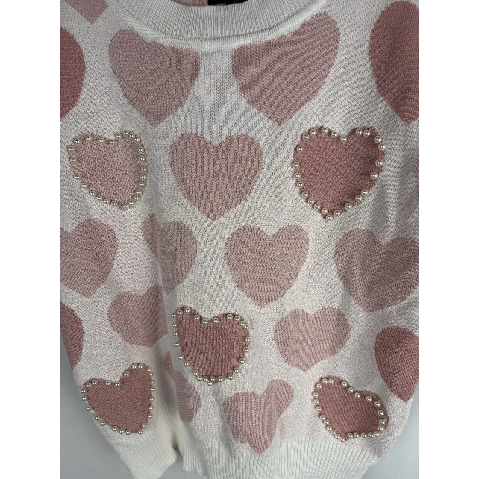 Heart Pearl Embellished Preppy Short Sleeve Sweater Ontwelfth Medium Viscose Pink - Image 6