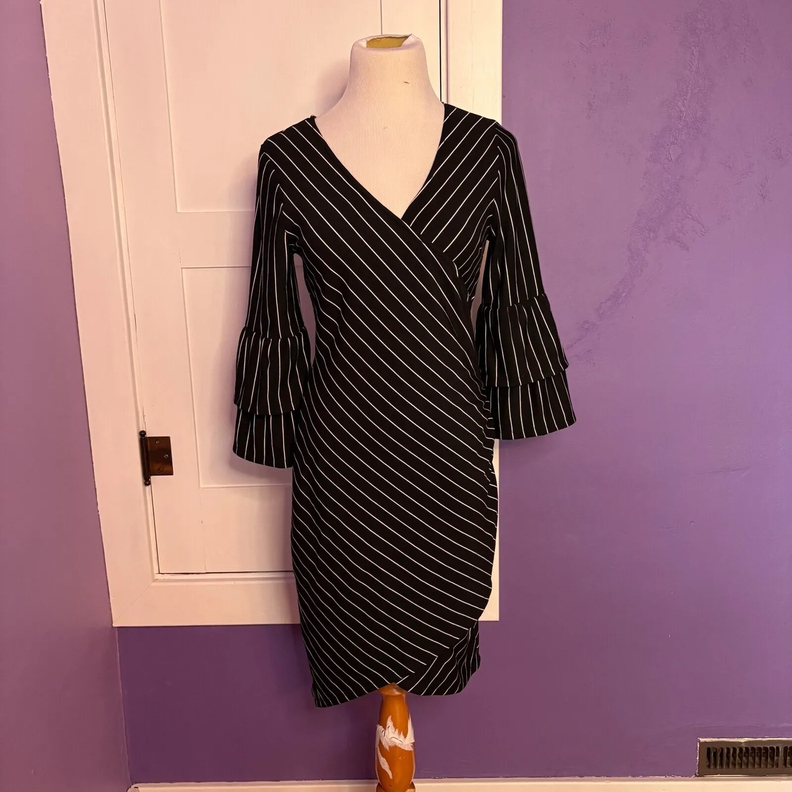 Anthropologie Sunday Brooklyn Black White‎ Striped Wrap Dress Bell Sleeve Small - Image 2
