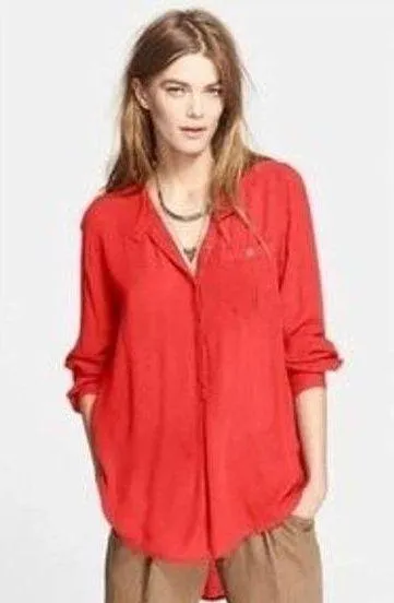 Free People red half button down boyfriend long sleeve tunic - Image 2