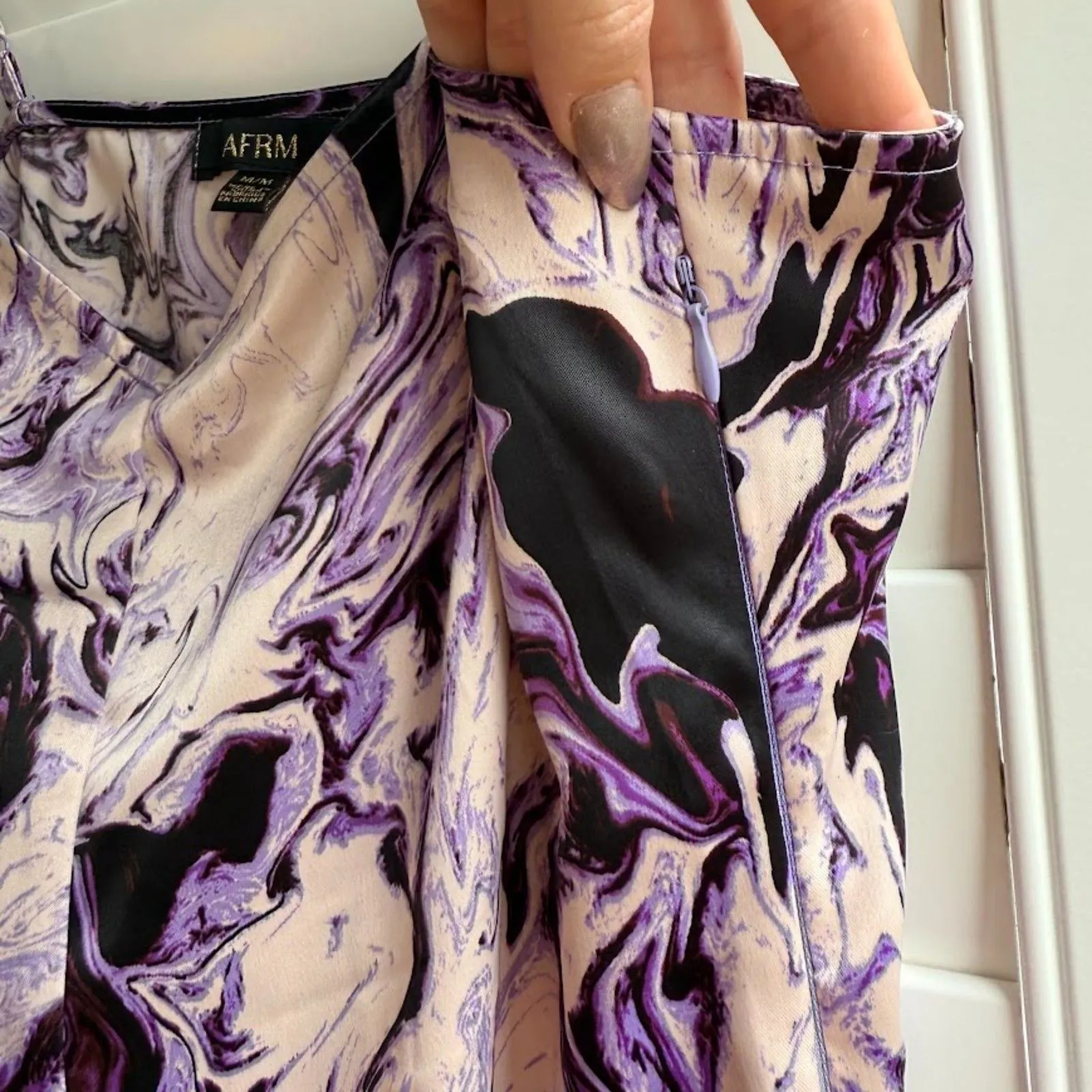 AFRM Satin Slip Midi Dress in Purple Marble Swirl size Medium - Image 9