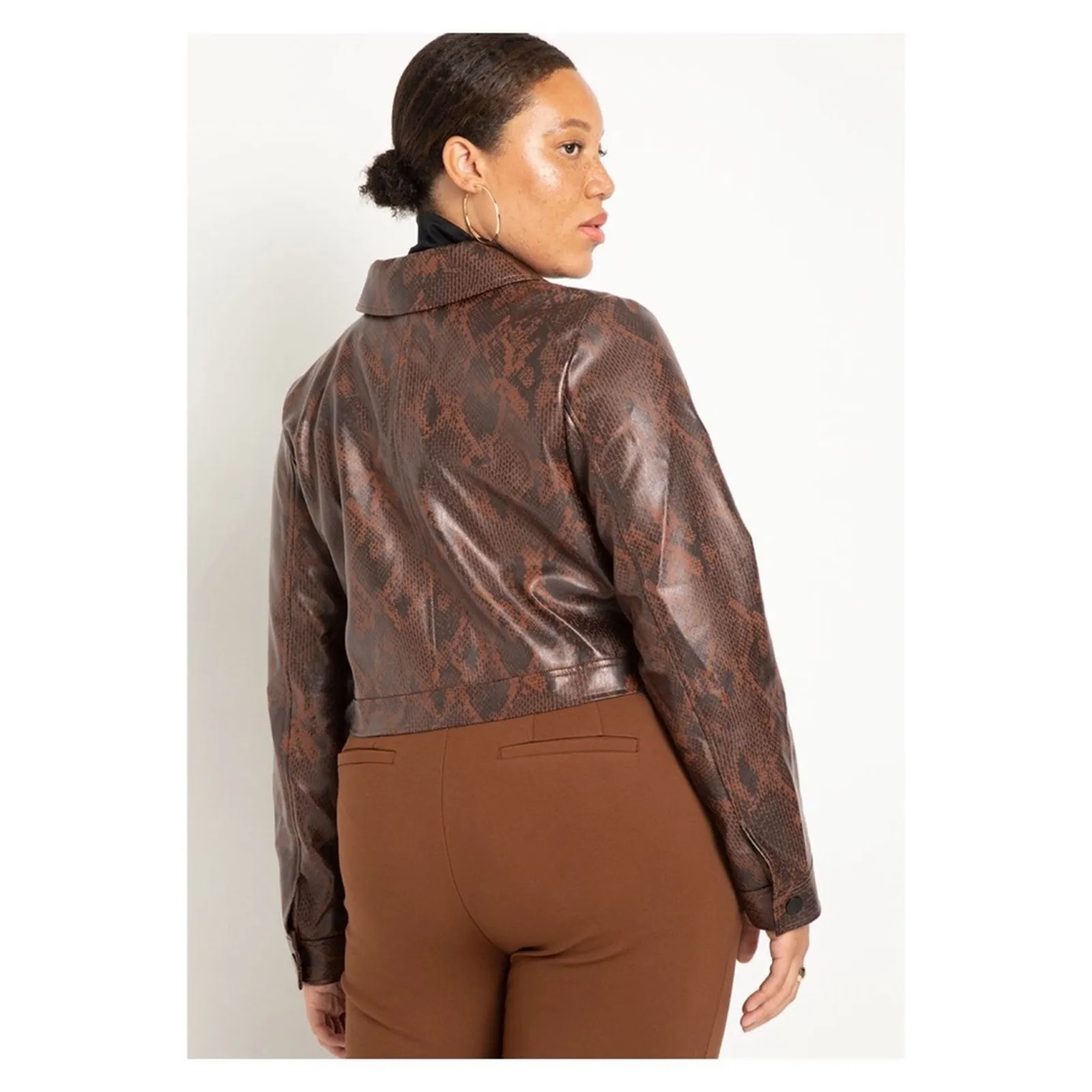 NWT Eloquii Cropped Snakeskin Vegan Faux Leather‎ Jacket 14 Brown - Image 9