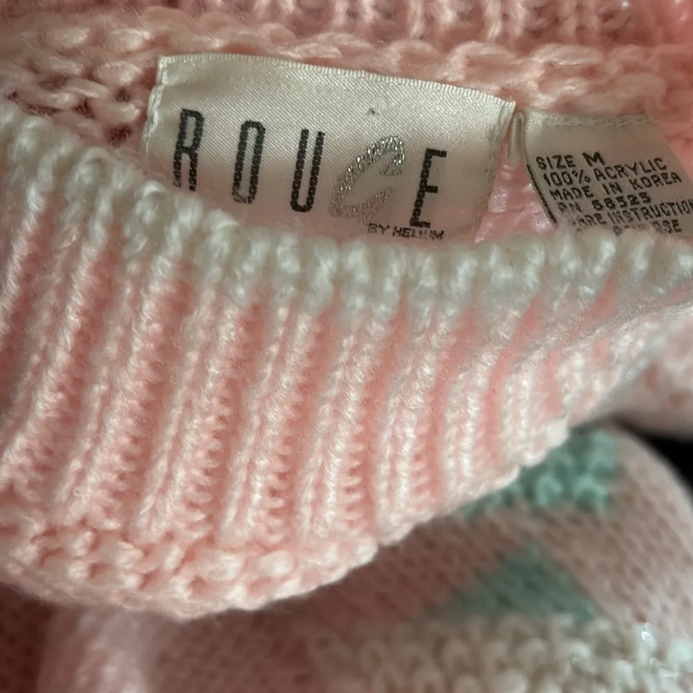 VTG 80’S Knit Sweater Sz M Pastel Pink Fuzzy Snowflake Mock Neck Chunky Cottage Size M - Image 5