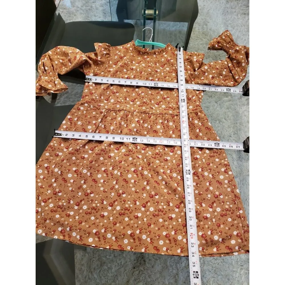 Est 1946 Women's Brown Lined Floral Long Sleeve Crew Neck Shift Dress Size Large - Image 12